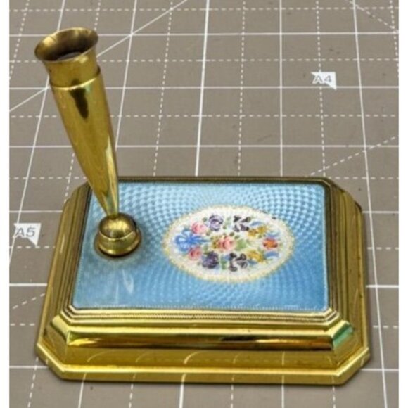 Vintage Sterling Silver Blue Guilloche Enamel  Floral Desktop Pen Holder Paperwe - Picture 3 of 9